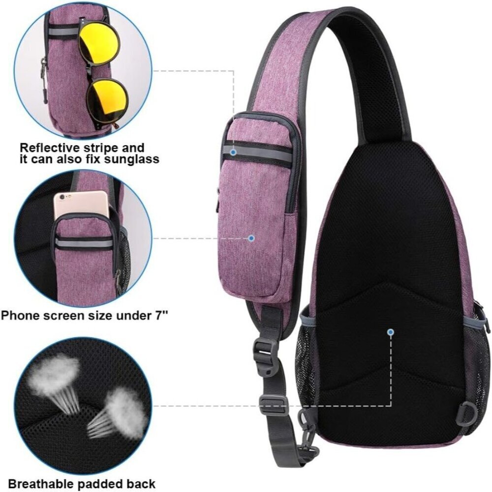 Waterfly Men Women Purple Crossbody Adjustable Strap Hiking Sling Backpack - Picture 4 of 6